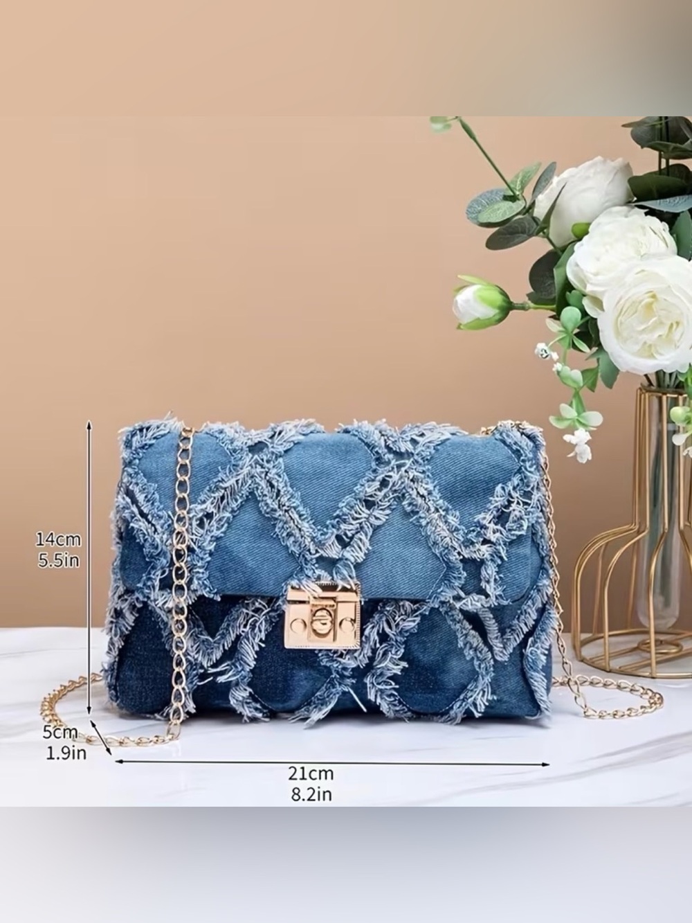 Denim Fringe Quilted Chain Shoulder Bag - Blue NWT - Picture 2 of 2